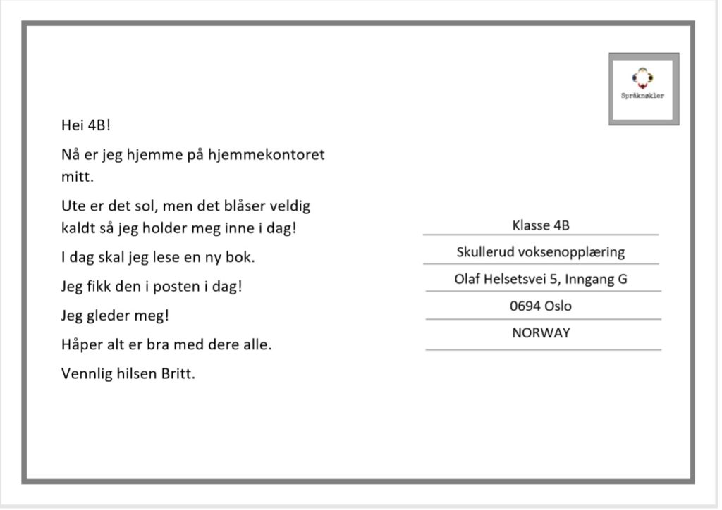 Skriveoppgave for voksenopplæringen: Postkort – Språknøkler